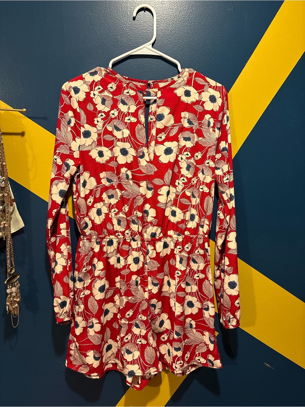 ASOS Red & White Floral Long Sleeve Romper EUC